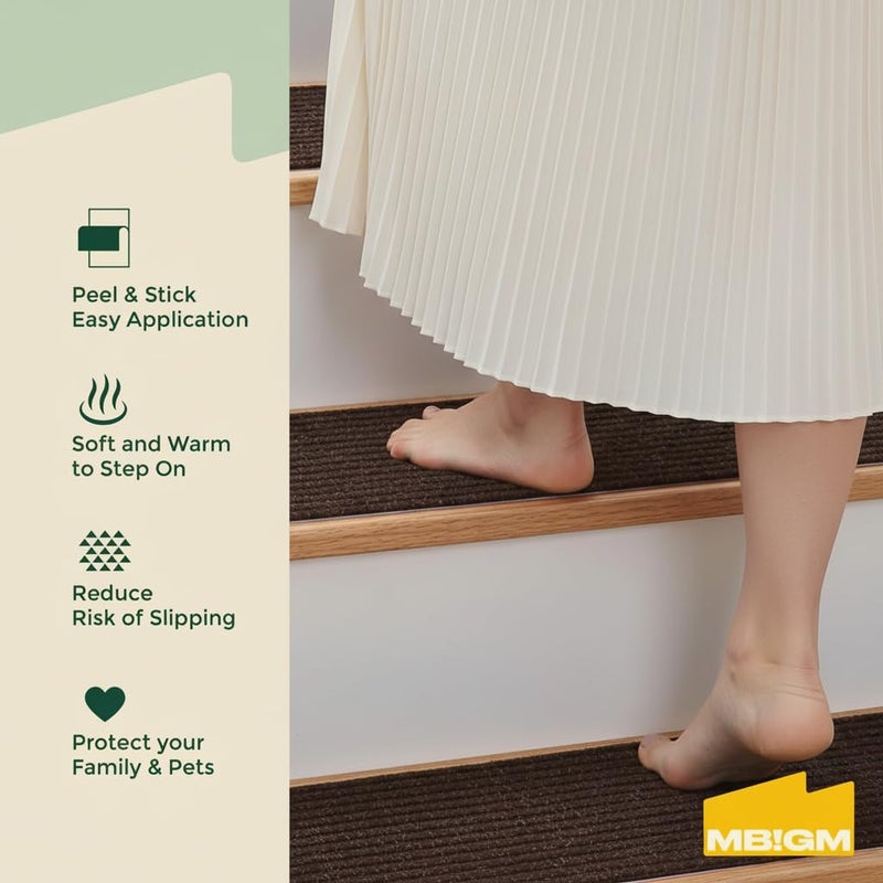 MBIGM 8" X 30" (15 in Pack) Nonslip Carpet Stair Treads Non-Skid Safety Rug Slip Resistant Indoor Runner for Kids Elders & Pets with Reusable Adhesive - Brown - Non Slip Stair Treads Indoor - Image 2